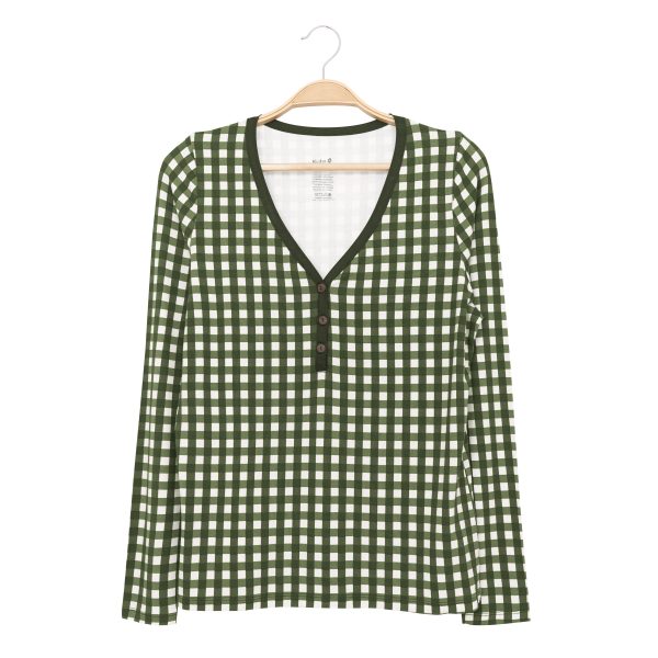 Women's Long Sleeve Henley Tee in Gingham Fir