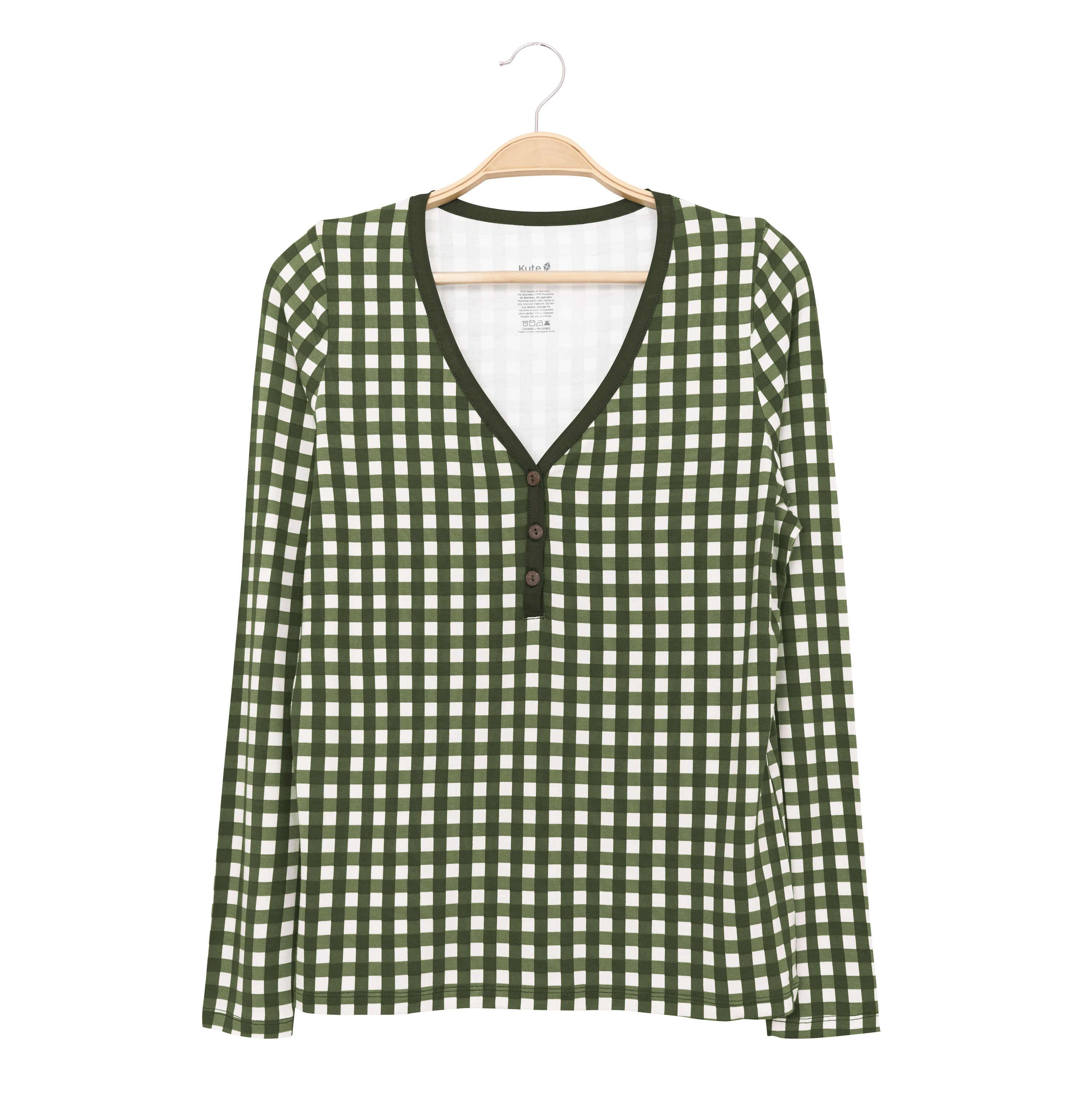 Women's Long Sleeve Henley Tee in Gingham Fir