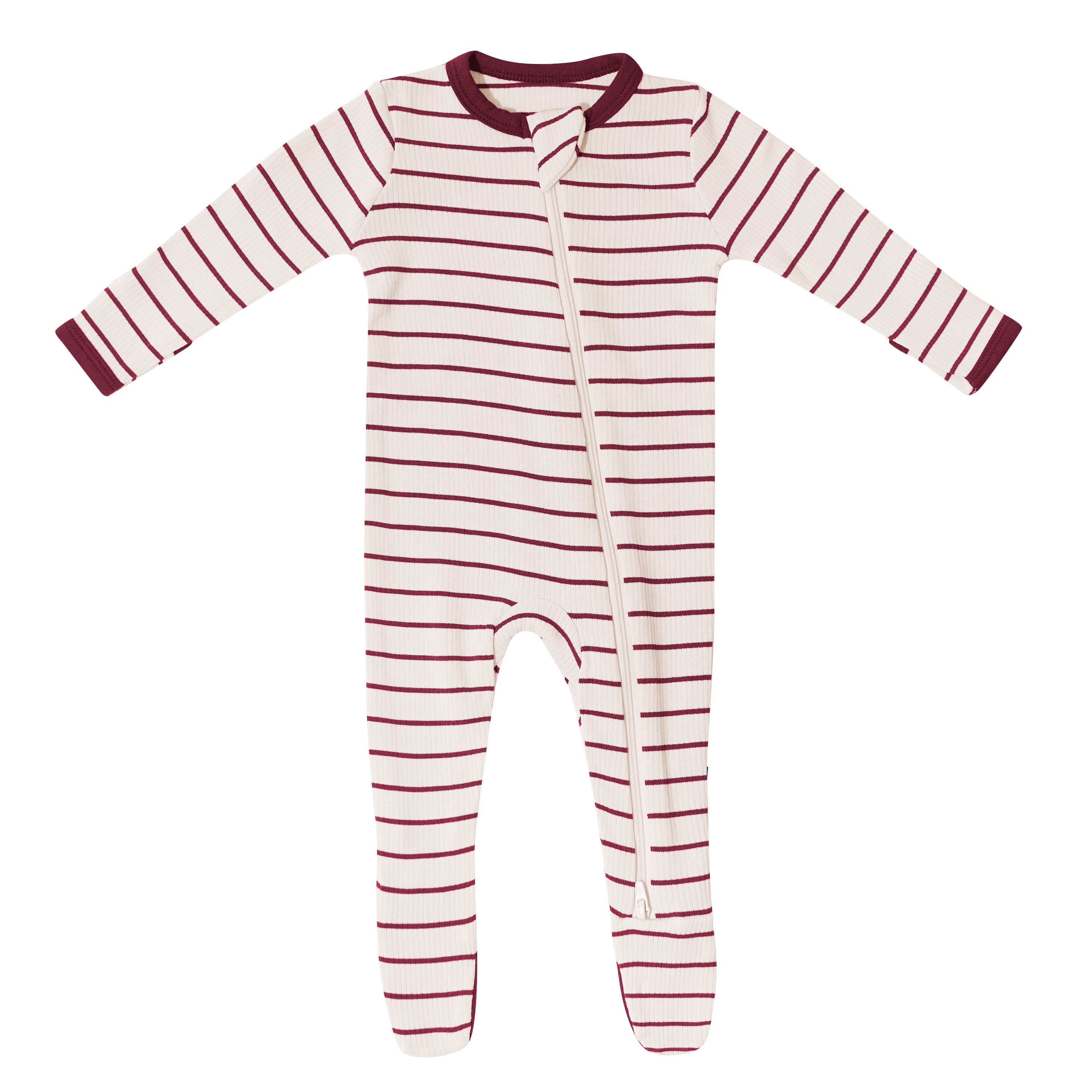 Ribbed Zipper Footie in Burgundy Stripe - Image 2