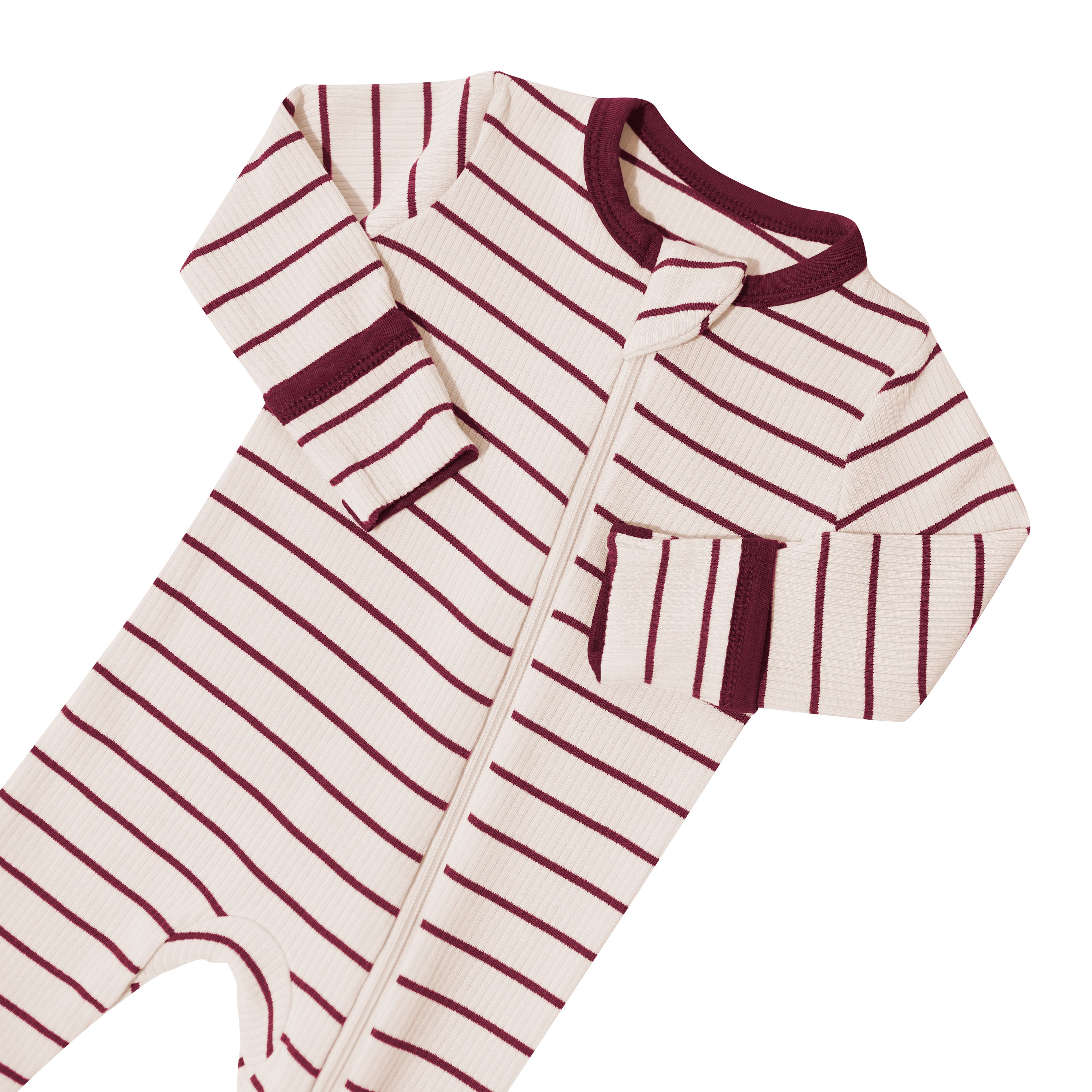 Ribbed Zipper Footie in Burgundy Stripe - Image 8