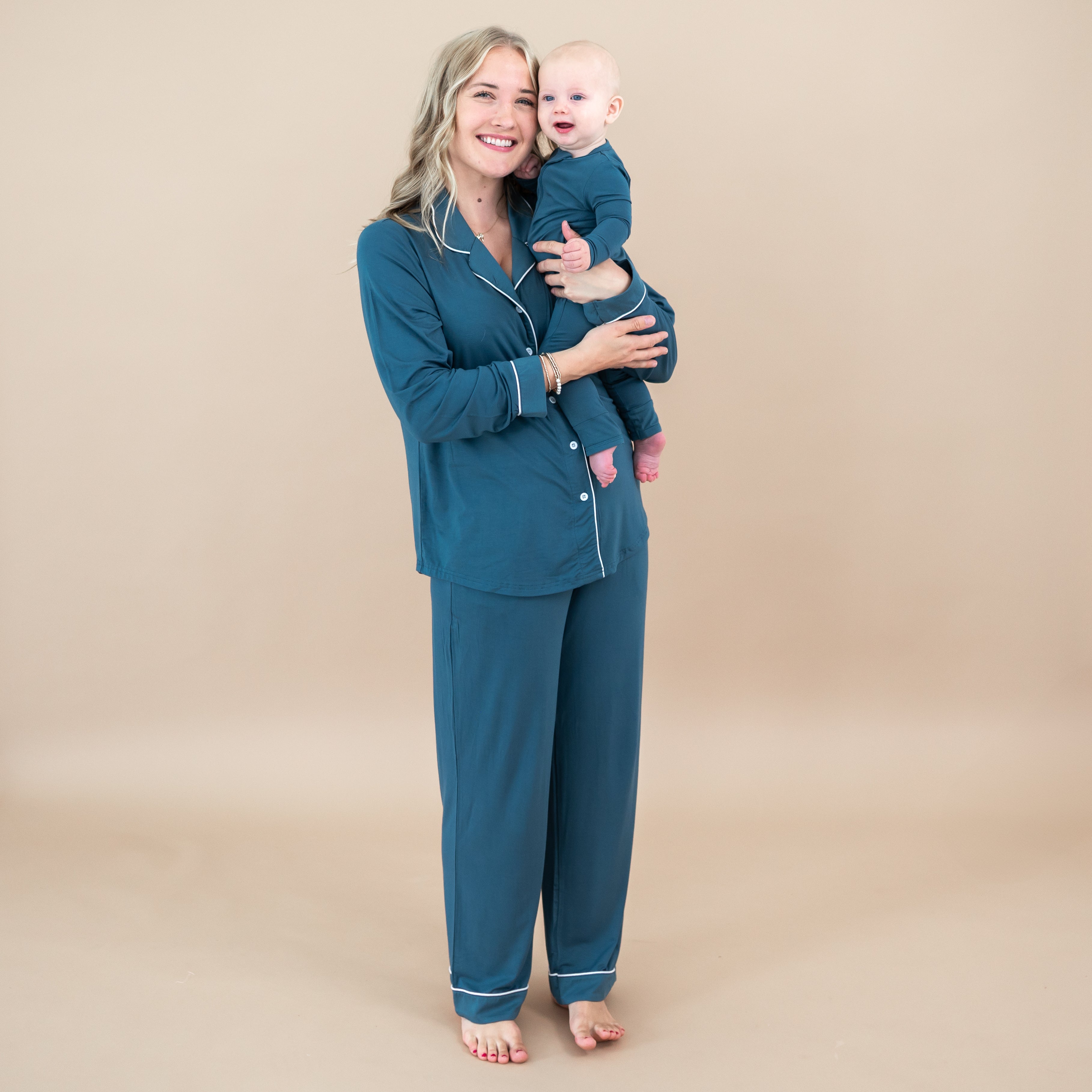 Long-Sleeved Women's Pajama Set in Atlantic with Cloud Trim - Image 3