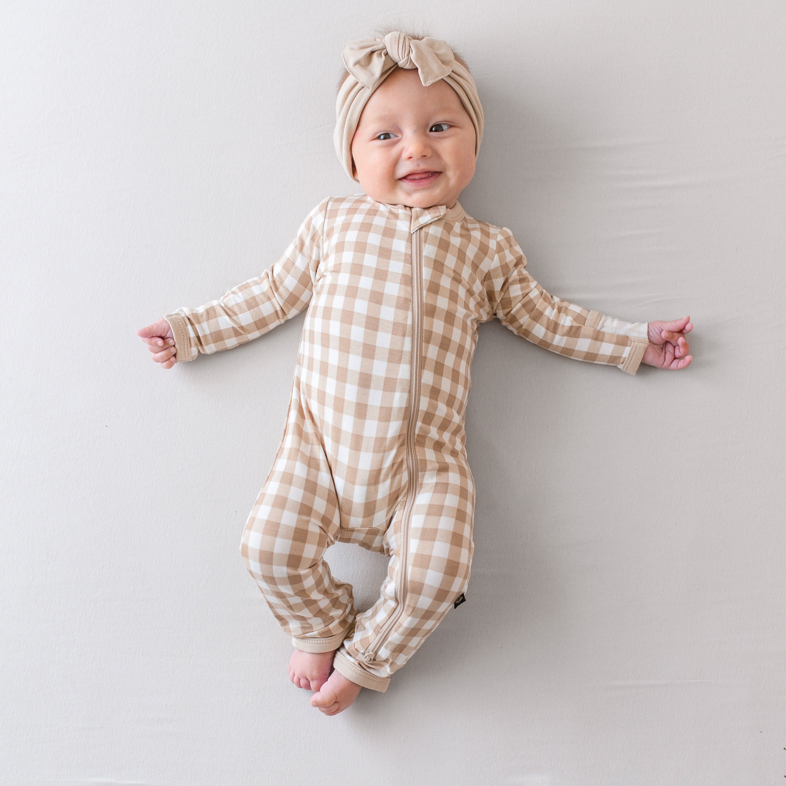 Zippered Romper in Gingham Bisque