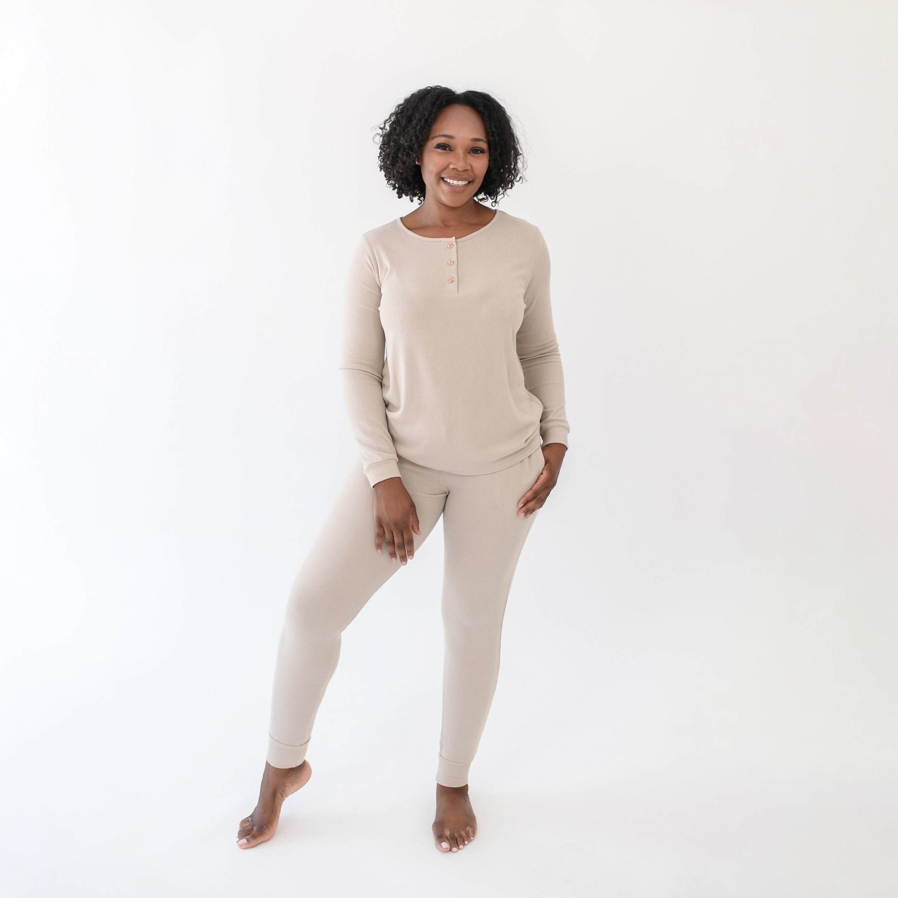 Women’s Ribbed Henley Set in Bisque