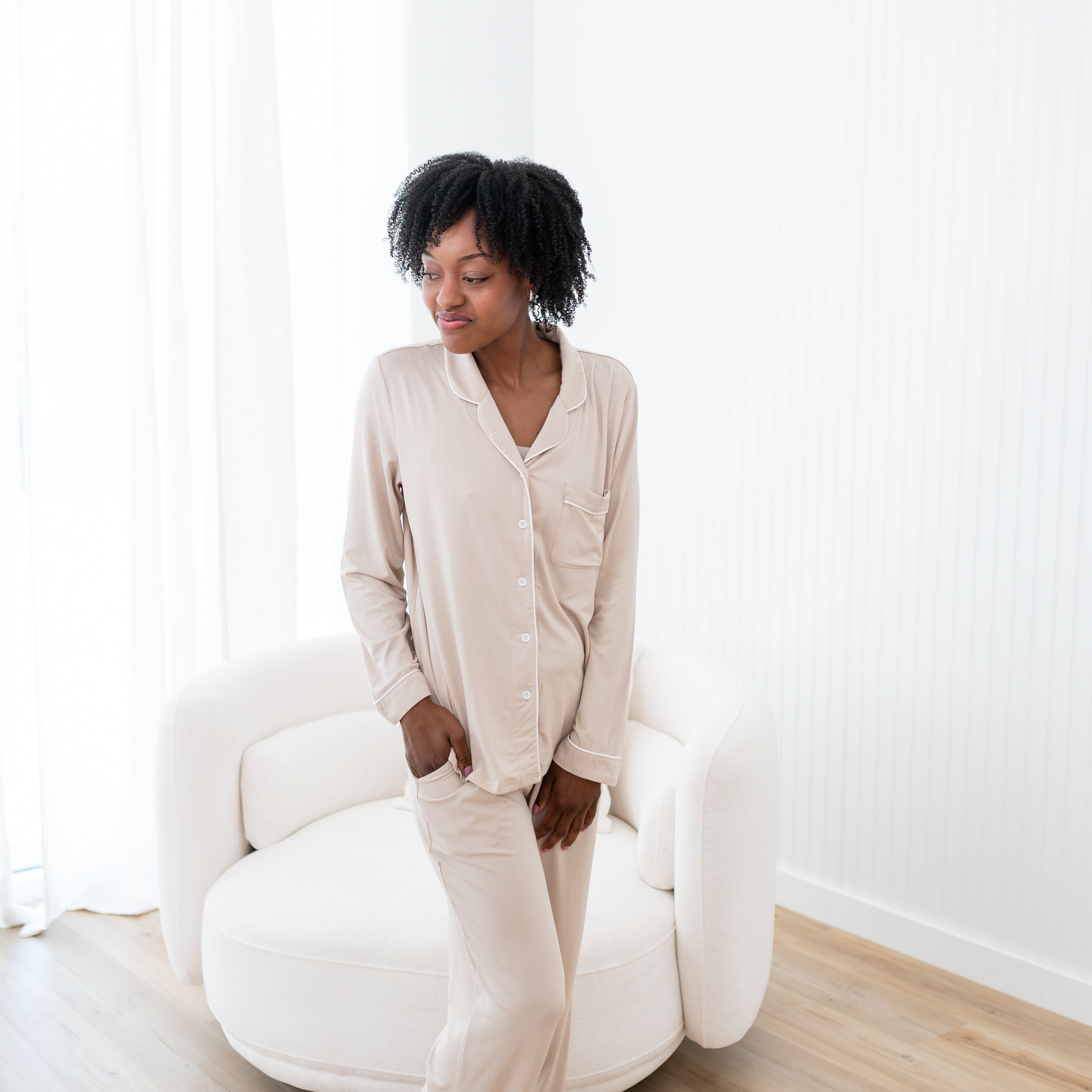 Long-Sleeved Women's Pajama Set in Bisque with Cloud Trim