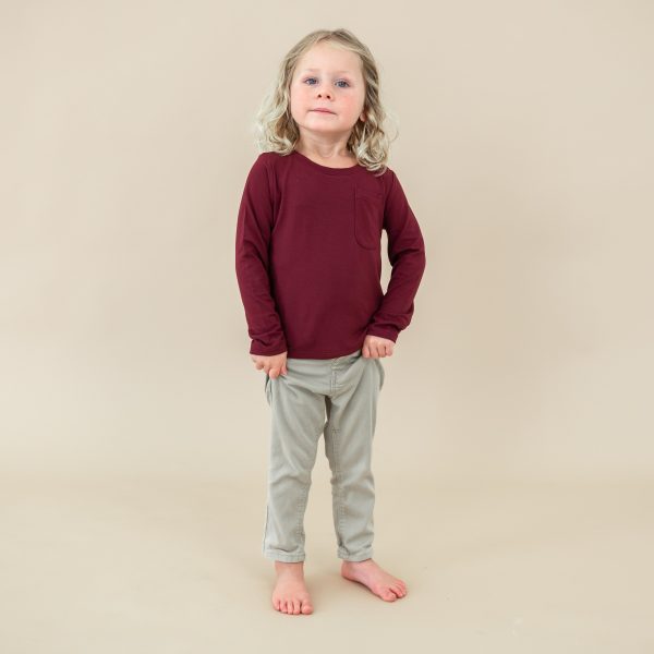 Long Sleeve Toddler Crew Neck Tee in Burgundy