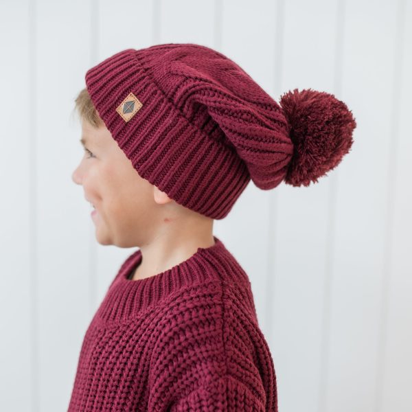 Chunky Cable Knit Beanie in Burgundy