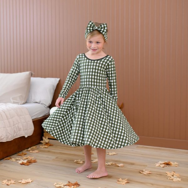 Long Sleeve Twirl Dress in Gingham Fir