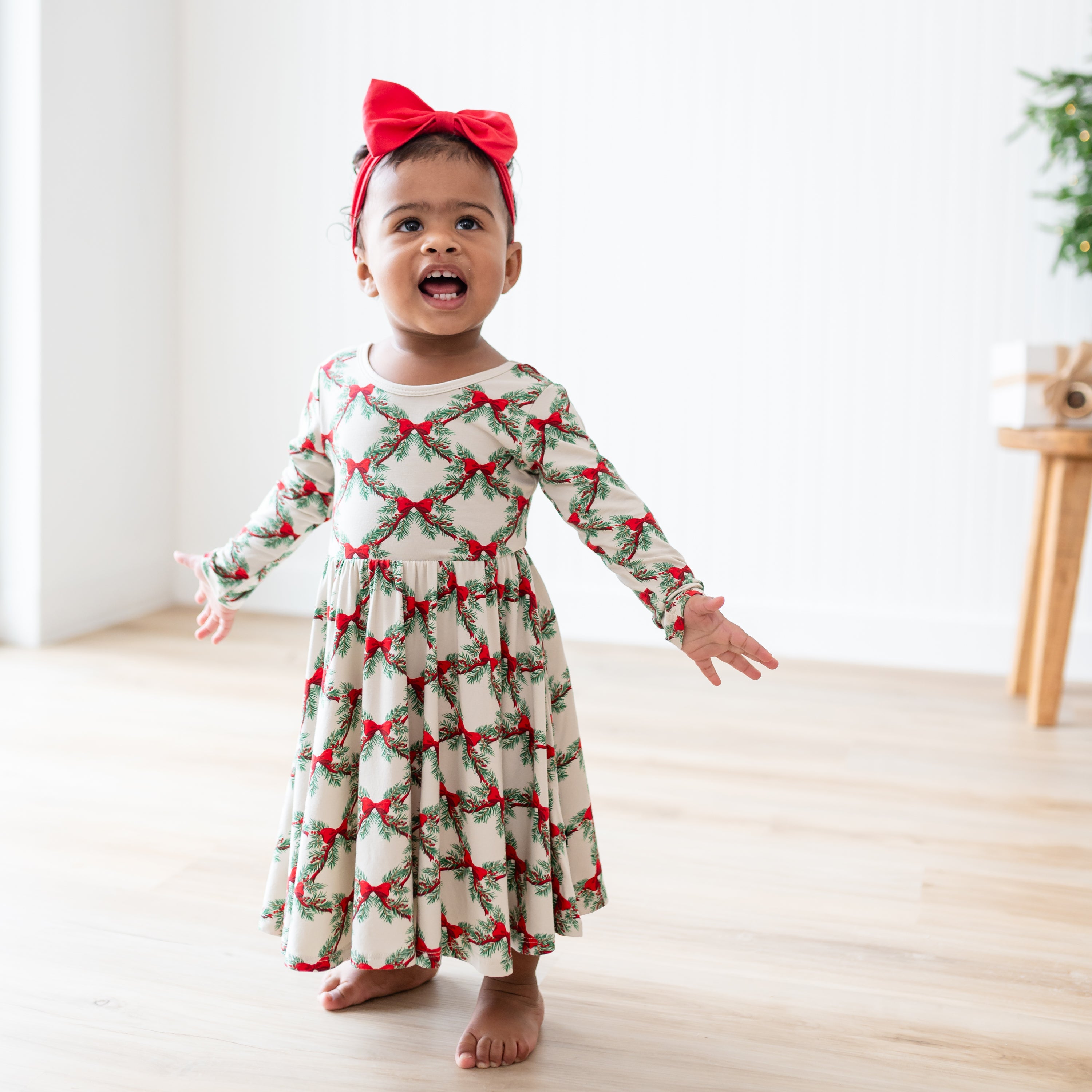 Long Sleeve Twirl Dress in Holiday Bow - Image 3