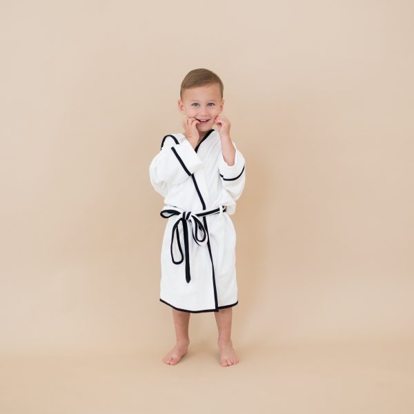 Hooded Bath Robe in Cloud with Midnight Trim