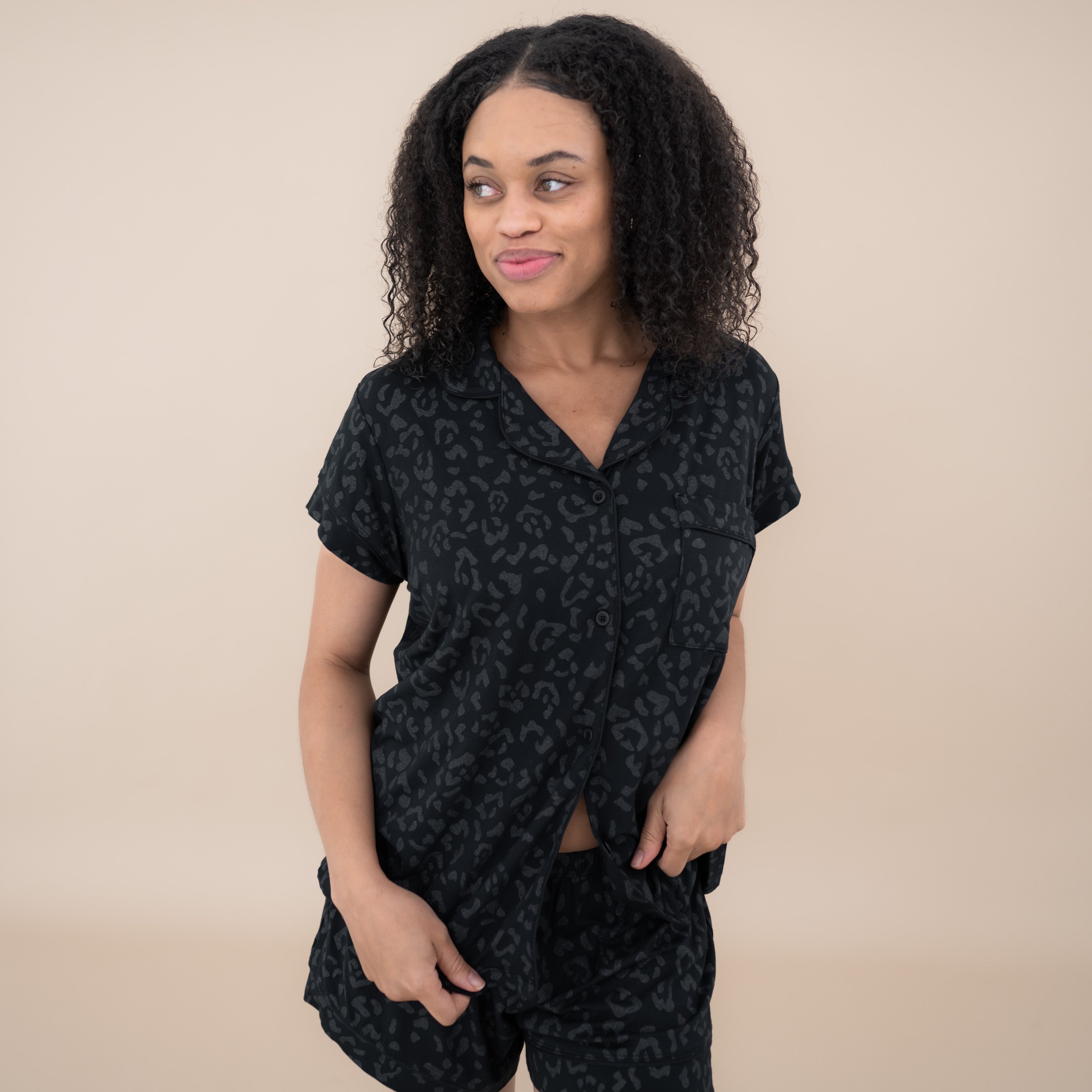 Women’s Short Sleeve Pajama Set in Midnight Leopard - Image 3