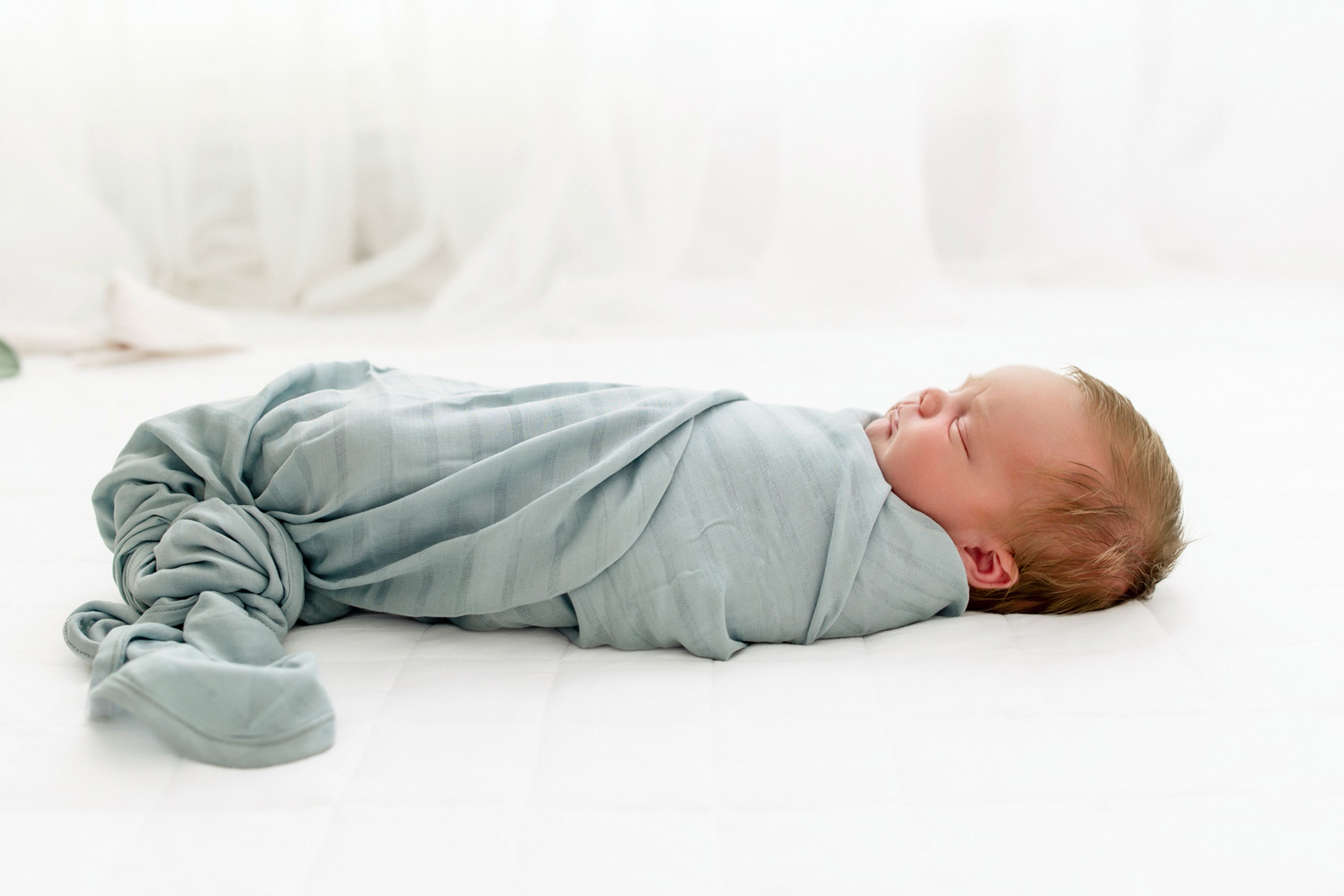 Bamboo Muslin Swaddle Blanket in Mist - Image 6