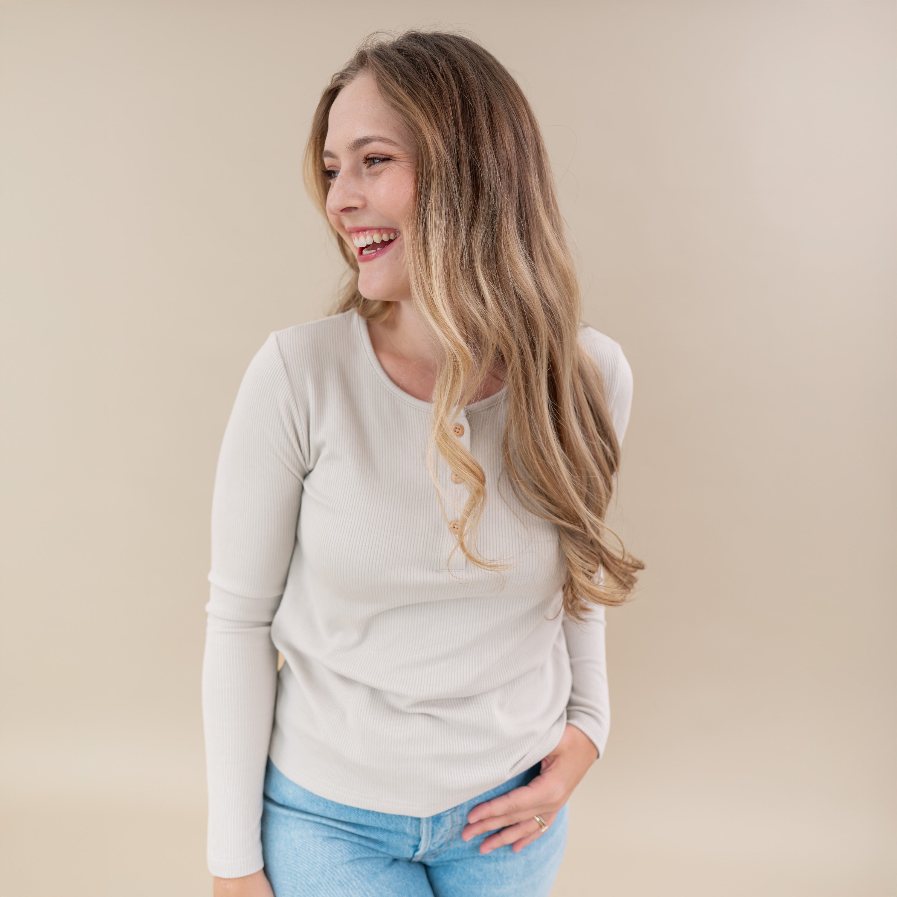 Women's Ribbed Henley Top in Oat - Image 2