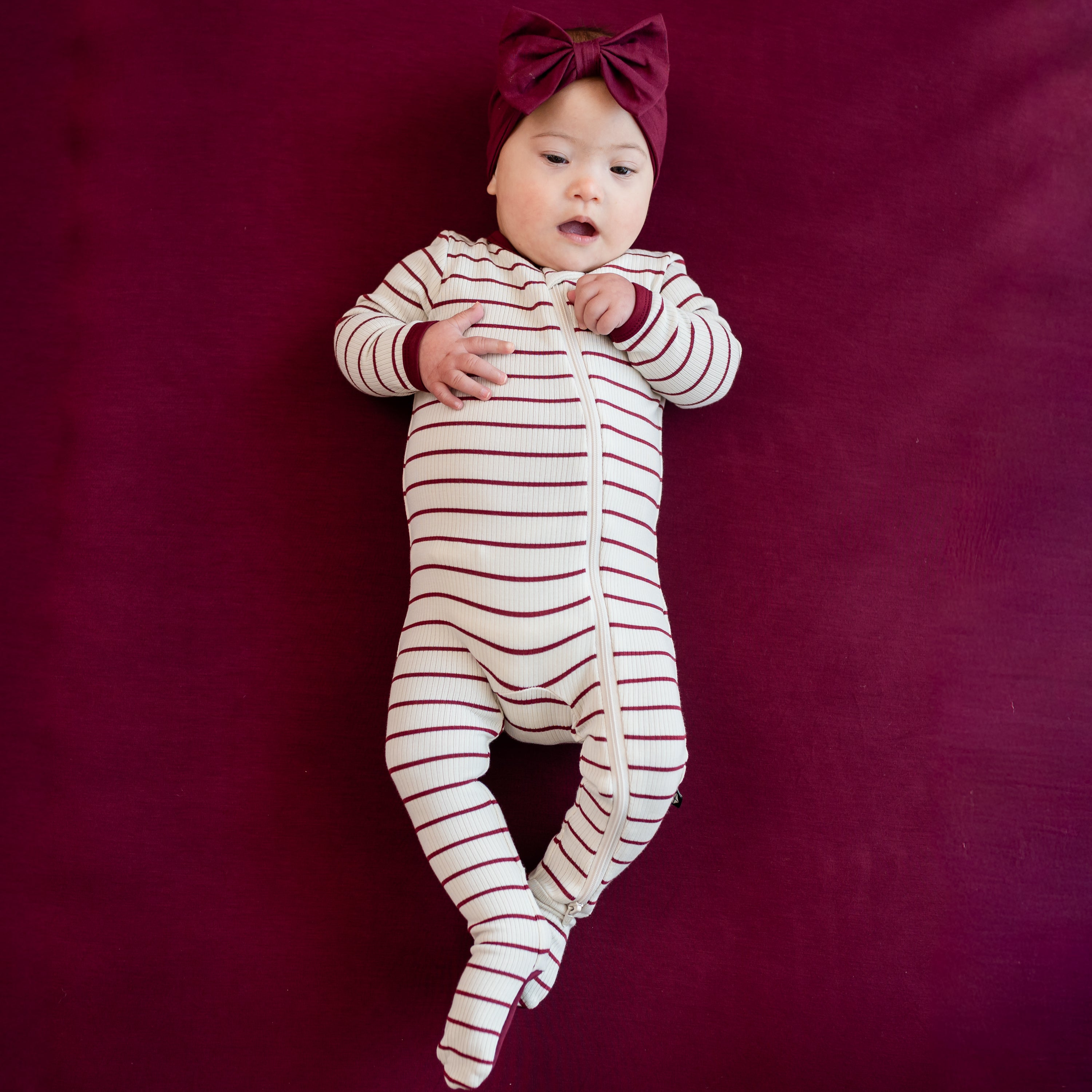 Ribbed Zipper Footie in Burgundy Stripe