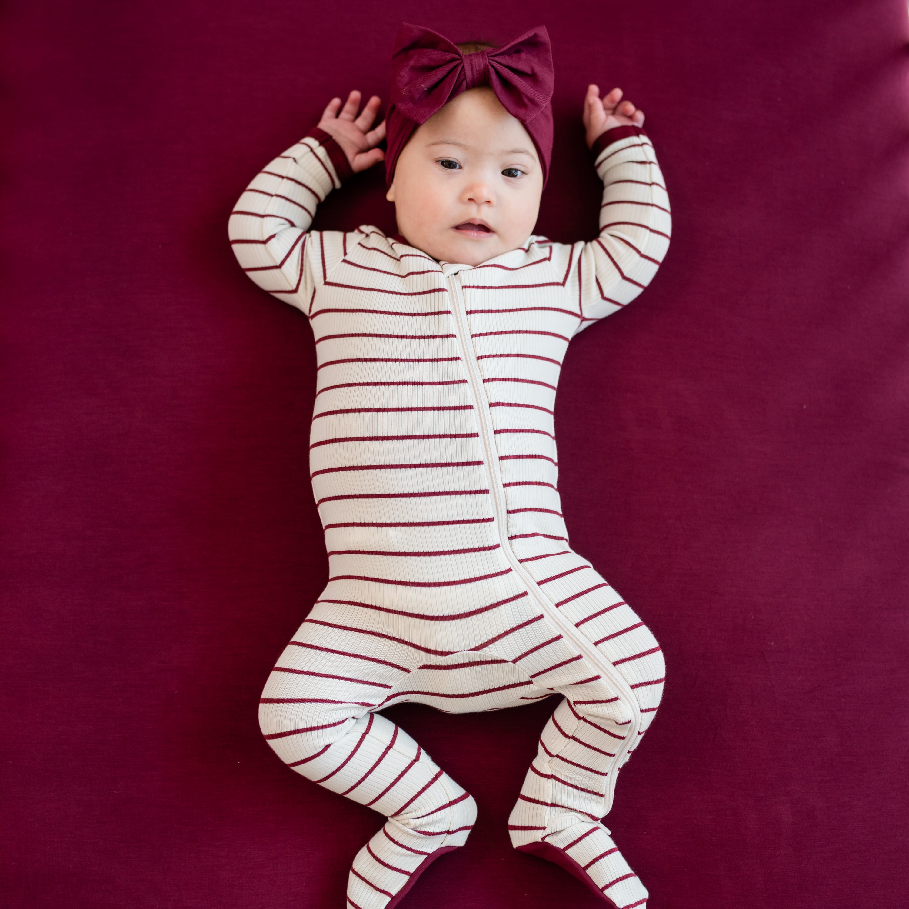 Ribbed Zipper Footie in Burgundy Stripe - Image 3