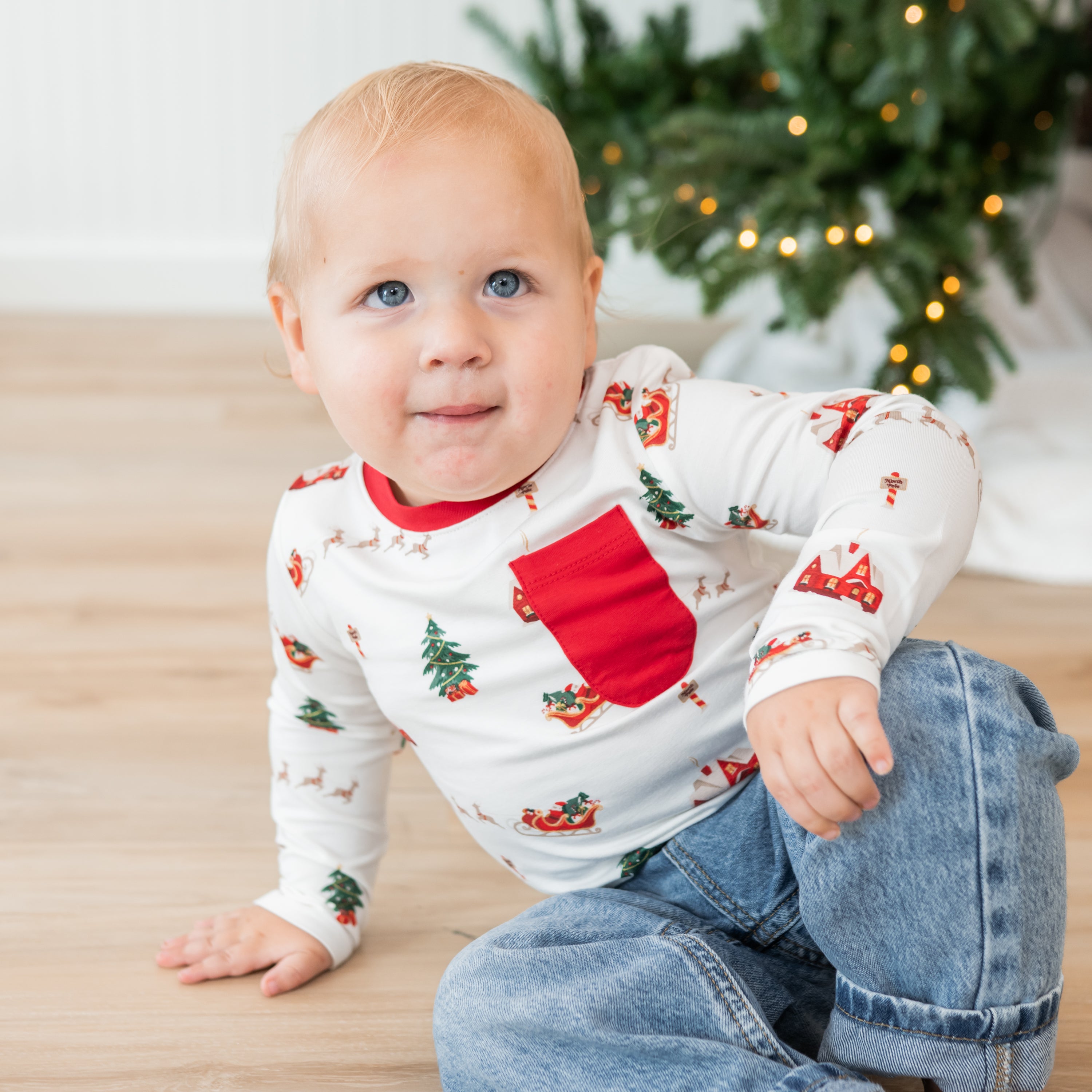 Long Sleeve Toddler Crew Neck Tee in Santa Sleigh - Image 4