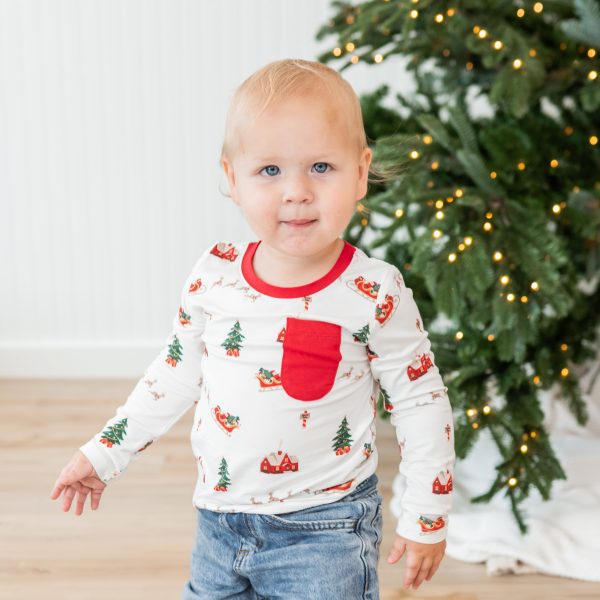 Long Sleeve Toddler Crew Neck Tee in Santa Sleigh