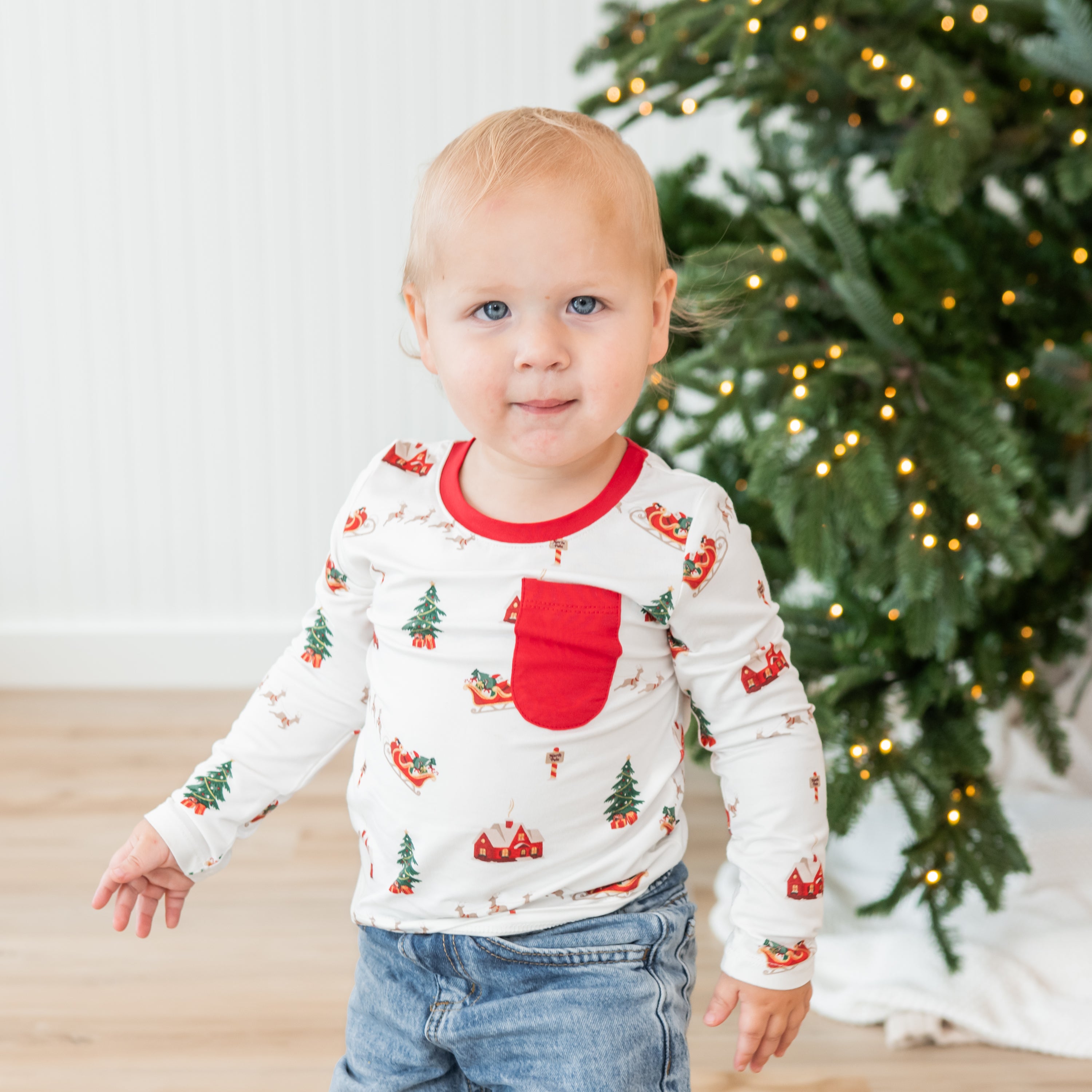 Long Sleeve Toddler Crew Neck Tee in Santa Sleigh