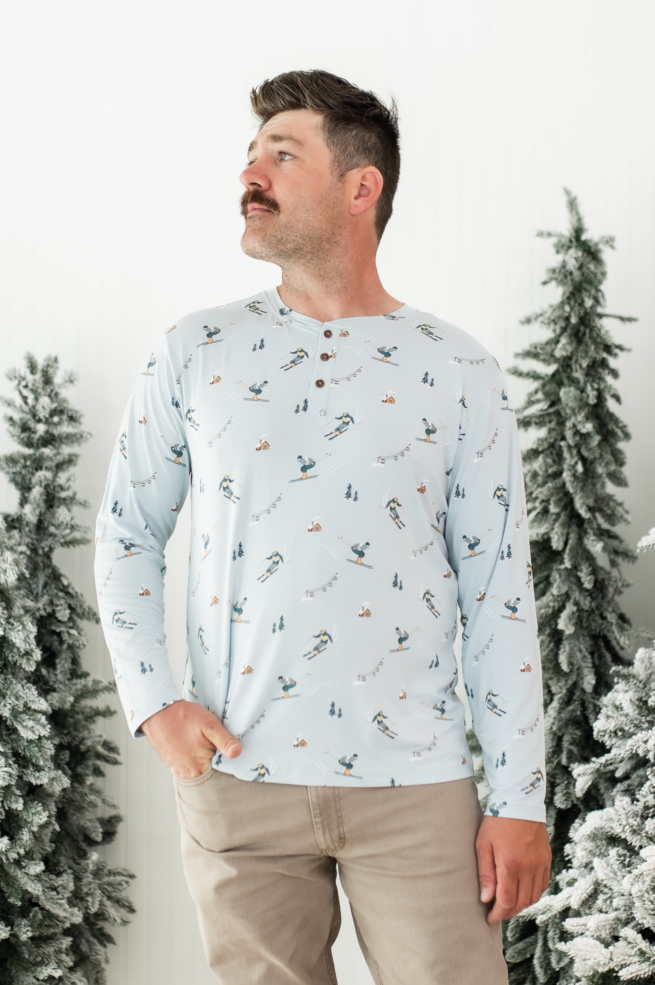 Men's Long Sleeve Henley Top in Ski